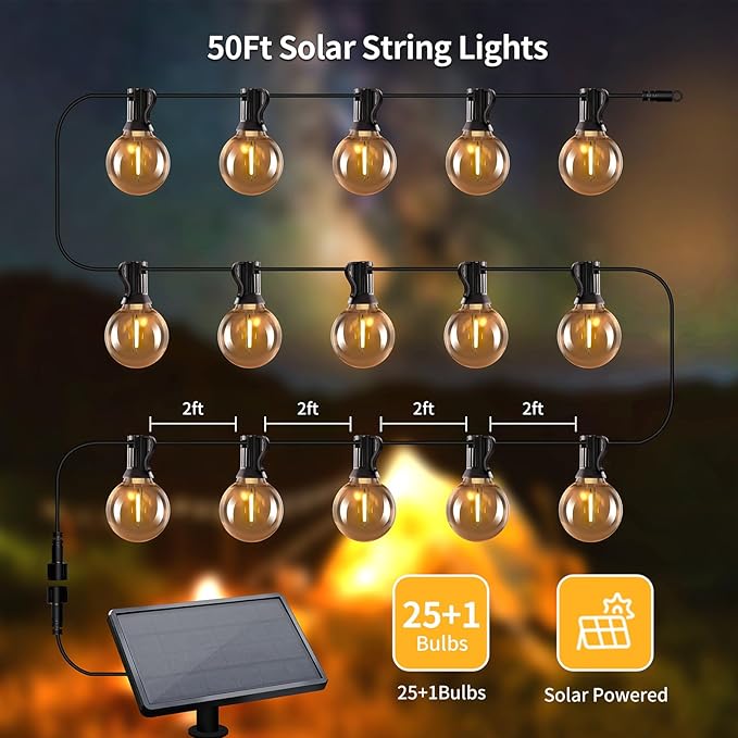 50ft Solar String Lights with Remote, 25+1 LED Bulbs Patio Lights Outdoor Waterproof, G40 Dimmable Deck Lights for Outside Garden Fence Backyard Decor