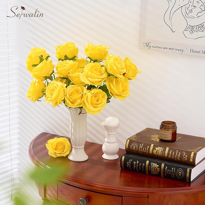 Serwalin 20pcs Artificial Yellow Roses, 4''Big Velvet Flower Head Fake Roses, Realistic Silk Roses Real Touch Bouquet Long Stems for Mother, Wedding Home Decor and Table Centerpiece