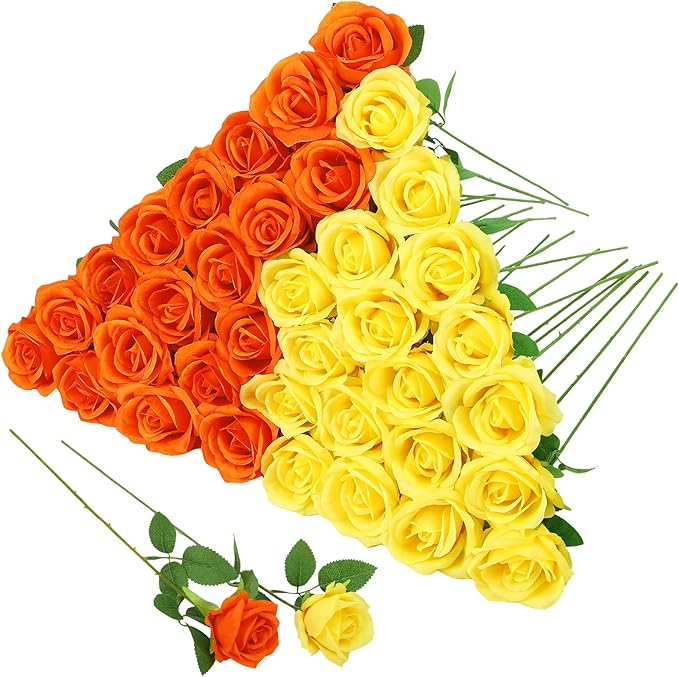 36 Pcs Yellow, Orange Artificial Roses with Long Stems, Purple Fake Silk Rose Artificial Flowers Bulk for Bridal Wedding Bouquet Centerpiece Ball Arrangement Party Decor
