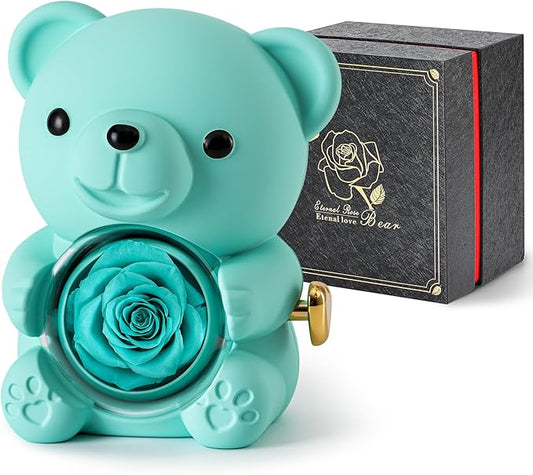Cute Teddy Bear with Preserved Rose - A Real Rose Flower in Bear with Elegant Gift Box - Romantic Gift for Her in Mother's Day, Weddings, Anniversaries, and Bridal Showers (Blue)