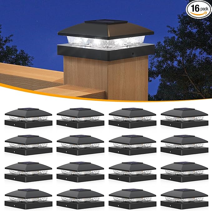 APONUO Solar Post Cap Lights for 4x4 Wood & Vinyl Posts, IP44 Waterproof Cool White LED 4x4 Post Solar Lights, Outdoor Garden Patio Yard Decor, 16 Pack (Black)