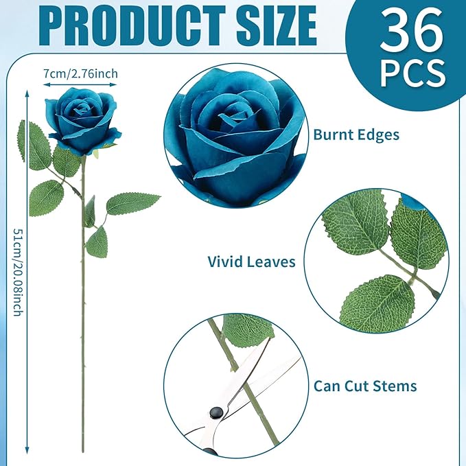 36 Pcs Teal Artificial Roses with Long Stems, Blue Green Fake Silk Rose Artificial Flowers Bulk for Bridal Wedding Bouquet Centerpiece Ball Arrangement Party Decor