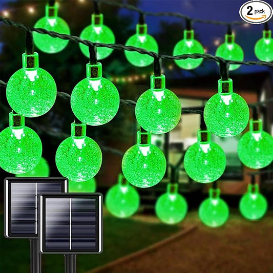 2-Pack 100 LED 64FT Solar String Lights Outdoor, Waterproof Solar Lights Outdoor with 8 Lighting Modes, Crystal Globe Light for St Patrick Tree Garden Patio Party Porch Wedding Decorations(Green)