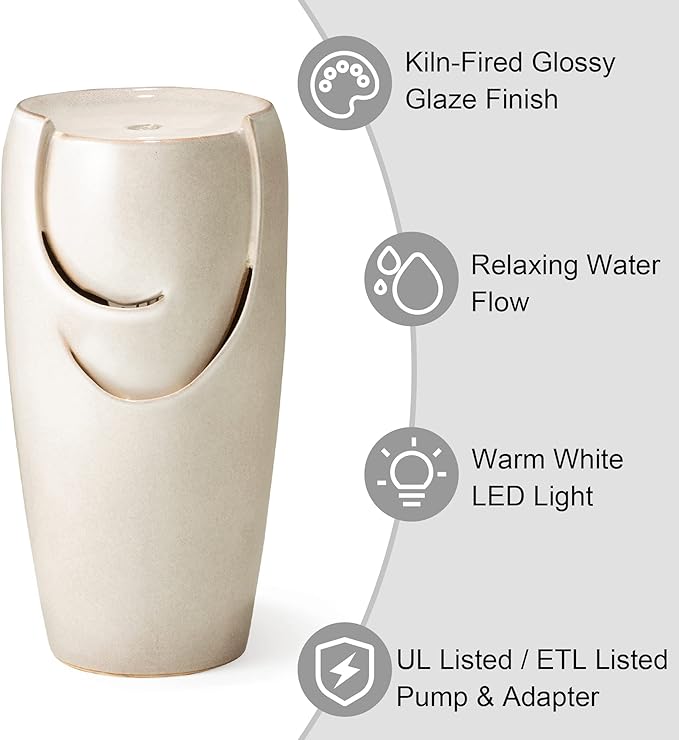 Glitzhome 29.25" H Oversized Ceramic Vase Outdoor Water Fountain Tall Patio Garden Water Fountain with LED Light and Submersible Pump Yard Art Decor, Sand Beige