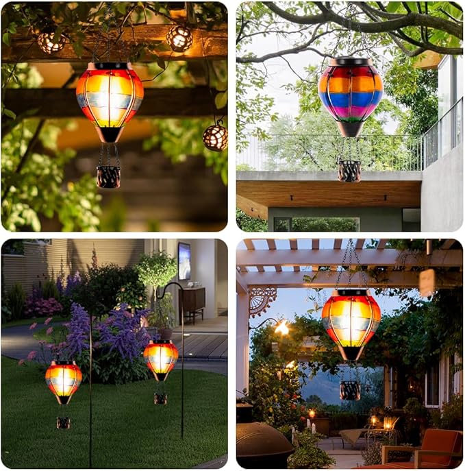 2 Pcs Hot Air Balloon Solar Lantern, Unique Solar Hot Air Balloon with Flame, Hanging Outdoor Lanterns Waterproof Decor for Patio, Garden, Porch