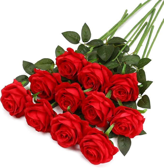 Red Fake Roses Artificial Flowers - 16 Pcs Fake Artificial Roses Silk Flowers with Stems for Home Wedding Hotel Office Centerpiece Decor