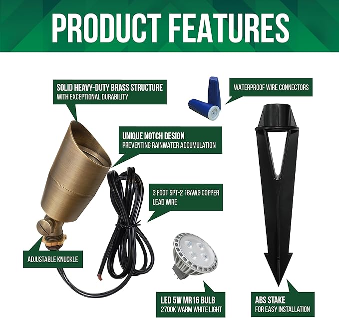 GKOLED Solid Brass Low Voltage Compact Spotlight, 12V AC/DC Waterproof Outdoor Landscape Spot Lights for House Trees Garden Yard Lawn, Up Light with 5W 2700K MR16 Bulb, Stake Included