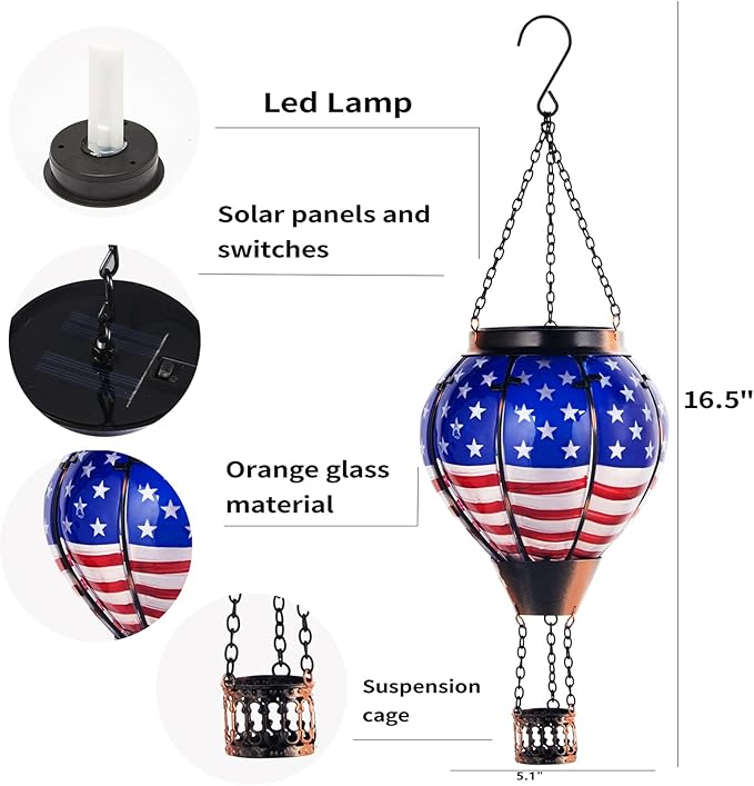 18inch Hot Air Balloon Solar Lantern with Flickering Flame Hanging Solar Outdoor Lantern Lights Waterproof Lanterns for Garden Patio Yard Party Decoration Star Flag