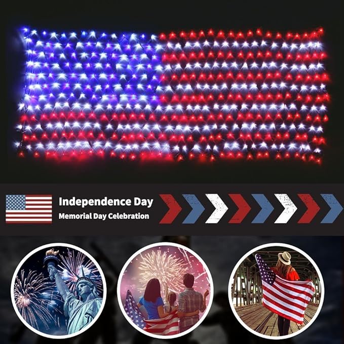 Solar American Flag String Lights - Waterproof 420 Led Solar Powered Flag Net Light for 4th of July Memorial Day Decorations Yard Garden Christmas Festival Holiday Patriotic Party Decoration Outdoor