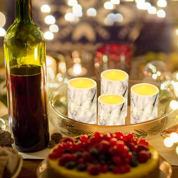 Flameless LED Battery Candles 4 PCS Pillar Candles with 18-Key Timer Remote Control Colorful Lights for Table Centerpiece Home Indoor Wedding Decoration, White Grey Marble