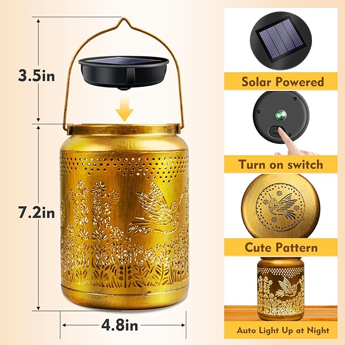 Hyrion Hummingbird Solar Lanterns Outdoor Waterproof Metal Hanging Lights, Garden Decor Gifts for Women, Mom, Grandma Solar Decorations for Yard, Patio, Backyard, Porch, Lawn, Tabletop, Walkway
