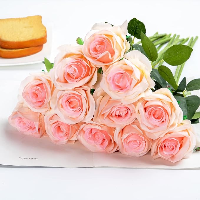 Hawesome 12PCS Artificial Silk Flowers Realistic Roses Bouquet Long Stem for Home Wedding Decoration Party (Gradient Light Pink)
