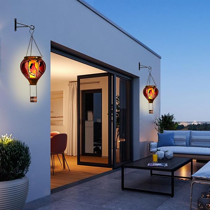 Cardinal Bird Hot Air Balloon Solar Lantern Lights, Solar Hot Air Balloon Flickering Flame Hanging Garden Light Candle LED Glass & Metal Outdoor Waterproof Lanterns Porch Yard Decor, Gift for Mom