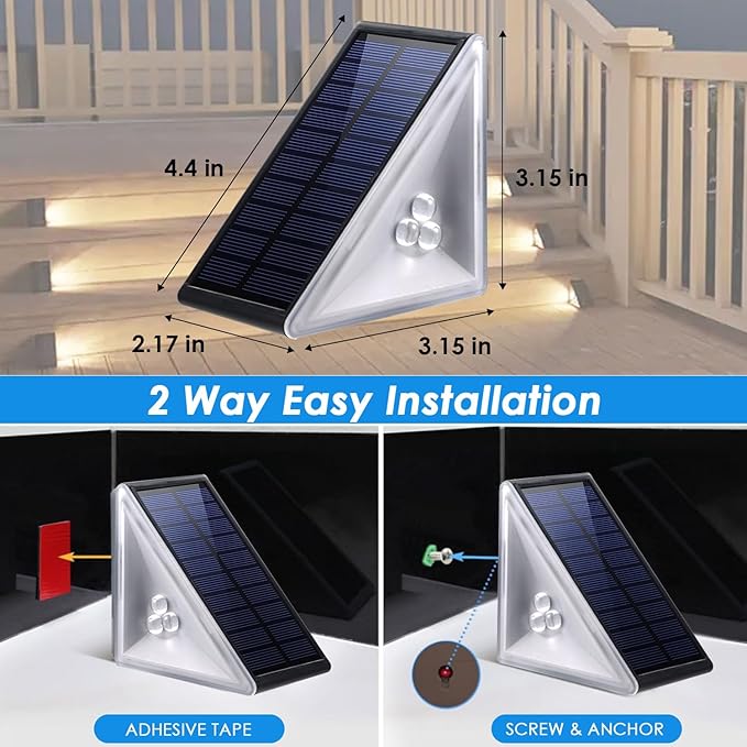 Solar Step Lights Outdoor Waterproof IP67, 6 Pack Solar Powered Stair Light with 3 LEDs, Triangle Solar Deck Light for Outside Garden Patio Yard Front Door, Warm White