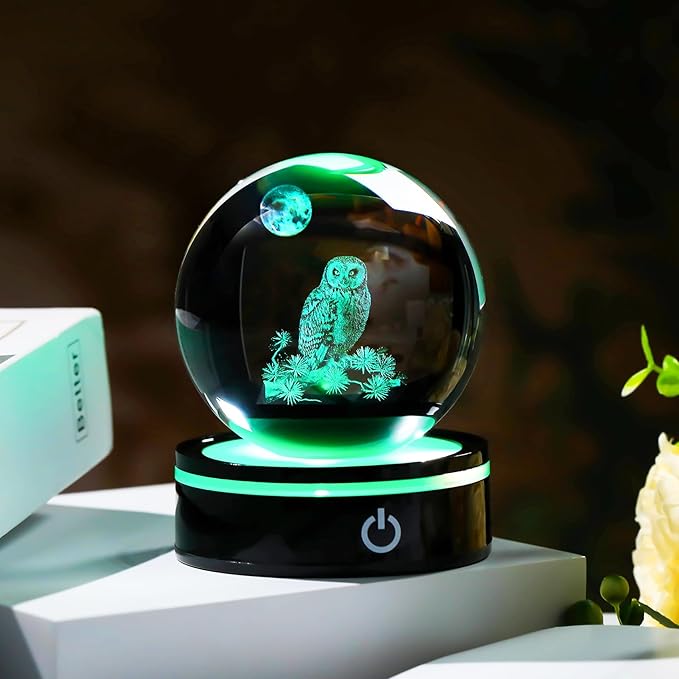 YWHL 3D Owl Figurine Crystal Ball With Colorful Light Base, Gifts for Women Men Lovers on Christmas Birthday, Laser Engraved Sphere Glass Ball for Home Office Decoration (80mm)