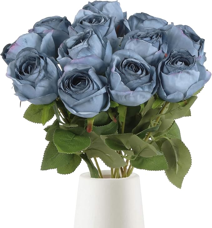 12 pcs Dusty Blue Roses Artificial Flowers Vintage Burnt Edge Rose 20" Realistic Silk Roses Bouquet with Long Stem for Wedding Party Floral Centerpieces Decoration (Dusty Blue)