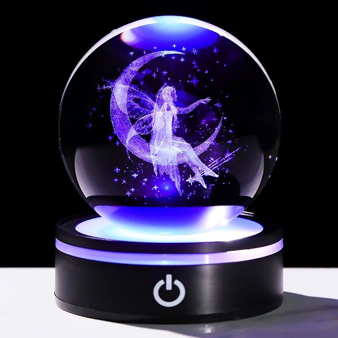 YWHL 3D Crystal Moon Figurine with Colorful LED Base, Laser Fairy Gifts for Women Girls on Christmas Birthday, Glass Globe Decorative Ball for Fairy Lovers Home Decor (80mm)