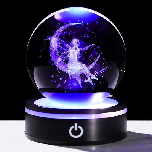 YWHL 3D Crystal Moon Figurine with Colorful LED Base, Laser Fairy Gifts for Women Girls on Christmas Birthday, Glass Globe Decorative Ball for Fairy Lovers Home Decor (80mm)