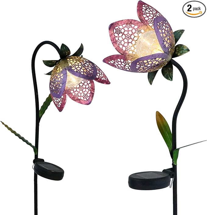 TERESA'S COLLECTIONS Flower Solar Outdoor Lights Garden Decor for Outside, 27-29.5'' Metal Tulip Yard Decorations Outdoor, Garden Stake Decorative for Porch Patio Decor, Set of 2, Gift for Christmas