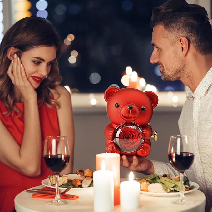 Cute Teddy Bear with Preserved Rose - A Real Rose Flower in Bear with Elegant Gift Box - Romantic Gift for Her in Mother's Day, Weddings, Anniversaries, and Bridal Showers (Red)