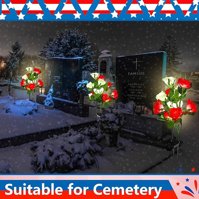 Woanger 4 Pcs Solar Flowers Cemetery Grave Decorations Outdoor LED Flower Lights with 6 Rose Powered Garden Stake Lights Waterproof for Independence Day Grave Decorations(Red, White)