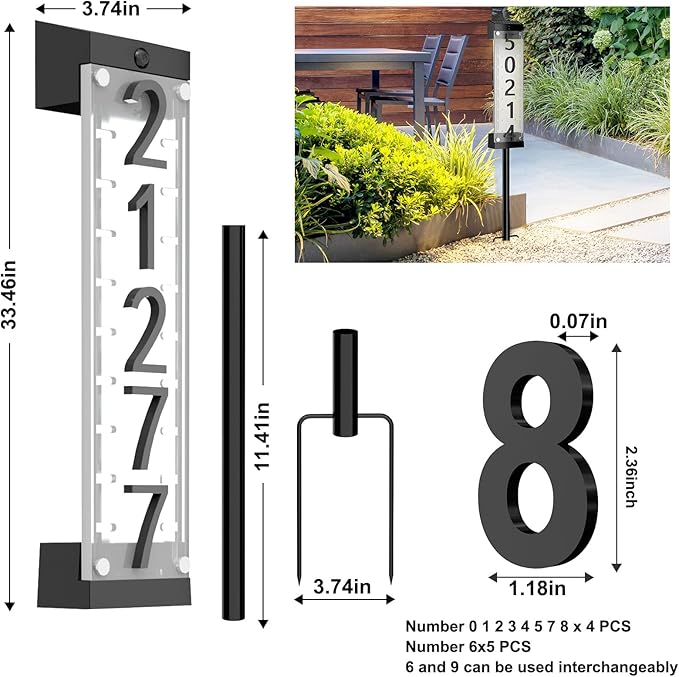 Solar House Number [Upgrade 3D Acrylic Number] Solar Address Sign Increase Brightness, Number Is Bold, Anchor Is Made Of Iron,Solar House Number Sign with Two Lighting Modes and Two Installation (White)(Manual without remote control) (Discoloration)