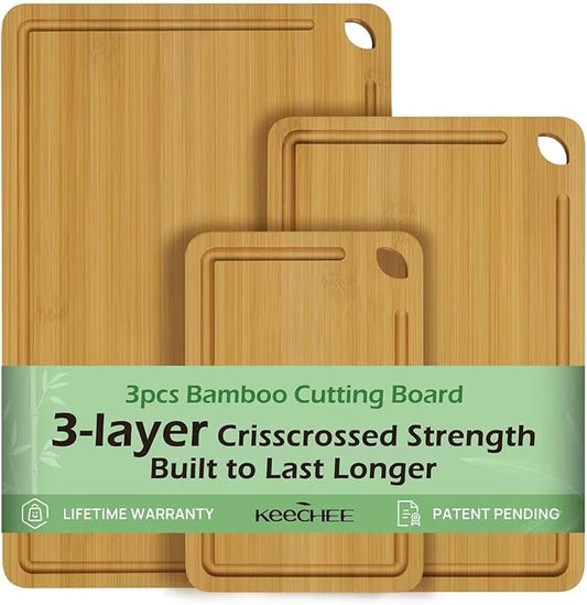 Wood Cutting Board for Kitchen - Reversible Bamboo Cutting Boards Gift Set of 3 with Juice Groove, Wooden Chopping Board for Meat, Fruit, Vegetables & Cheese (Pre Oiled, Natural)