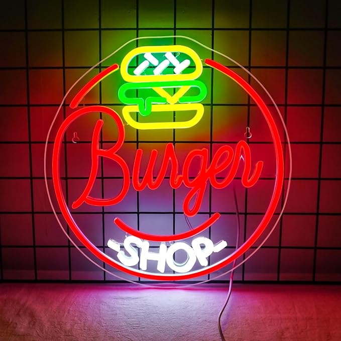 Hamburger Shop Neon Sign Hamburger Neon Signs for Wall Decor Dimmable Hamburger Neon Lights LED Light Up Sign for Hamburger Shop,Bar,Restaurant,Food Shop,Pub Decoration