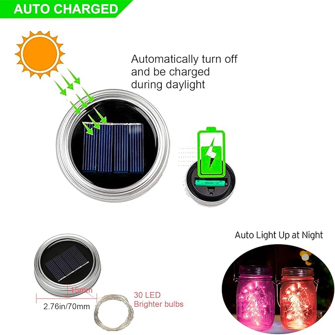 ANGMLN Upgraded Solar Mason Jar Lid Lights, 10 Pack 30 LED Fairy Star Firefly String Lids Lights Including (10 pcs Hangers),for Wedding Patio Garden Party Decorations (No Jars)