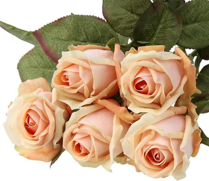 Artificial Realistic Roses Peach Flowers 24" Real Touch Silk Roses Bouquet Long Stems Rose Fake Roses Decor for Home Party Wedding Table Centerpieces Roses Realistic - 5 Pcs