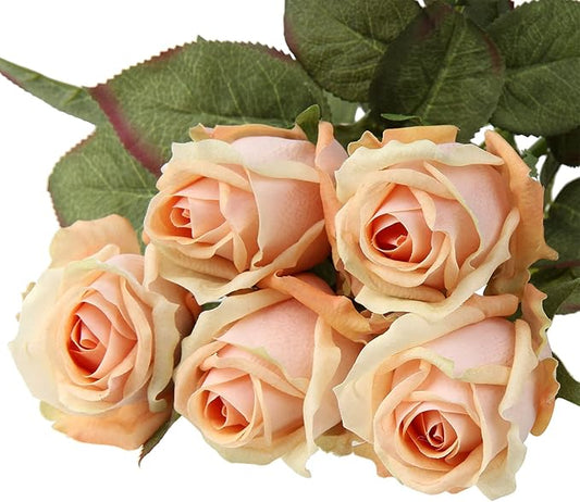 Artificial Realistic Roses Peach Flowers 24" Real Touch Silk Roses Bouquet Long Stems Rose Fake Roses Decor for Home Party Wedding Table Centerpieces Roses Realistic - 5 Pcs