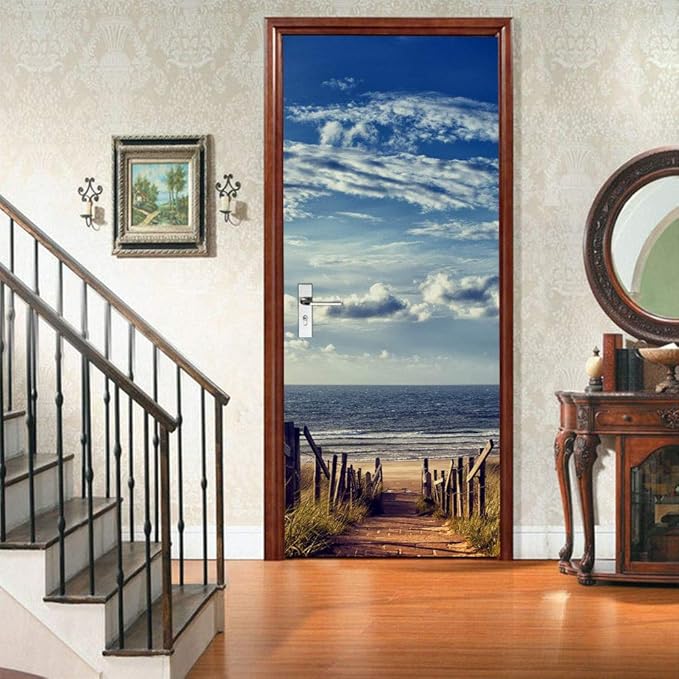 3D Door Wallpaper Self-Adhesive Door Poster - Road to The Beach - Door Film Photo Wallpaper Premium PVC Waterproof Door Sticker Wall Sticker for Bedroom Living Room Door Decoration Stickers 90 x 200