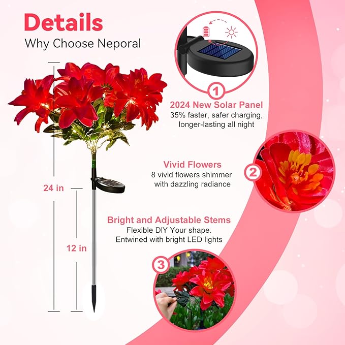 Neporal Solar Flowers Outdoor Waterproof Pink, 4PK 7-Stem Garden Solar Lights Decorative, 2 Lighting Modes, Solar Powered Garden Decor, Solar Yard Decor