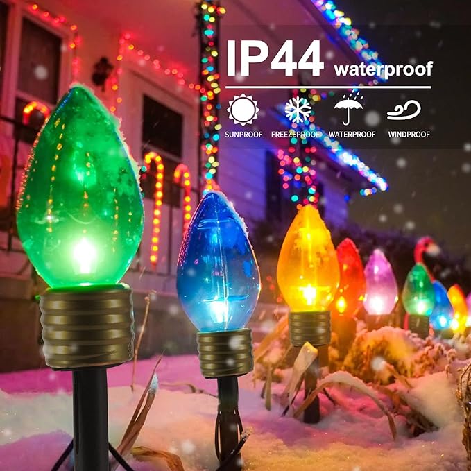 Minetom Jumbo Christmas Pathway Lights Outdoor with Marker Stakes, 10.5 Ft 5 LED C9 Shaped Christmas Lights Multicolored Giant Bulb String Lights, for Holiday Walkway Driveway Garden Yard Decoration