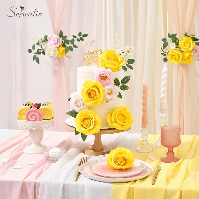 Serwalin 20pcs Artificial Yellow Roses, 4''Big Velvet Flower Head Fake Roses, Realistic Silk Roses Real Touch Bouquet Long Stems for Mother, Wedding Home Decor and Table Centerpiece