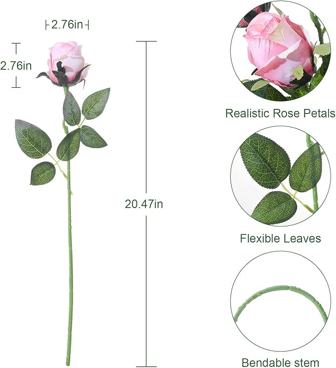 12Pcs Realistic Fake Light Pink Roses Faux Flowers with Long Stems, Artificial Silk Rose Flowers for Valentines Day Home Wedding Decor Bridal Bouquet