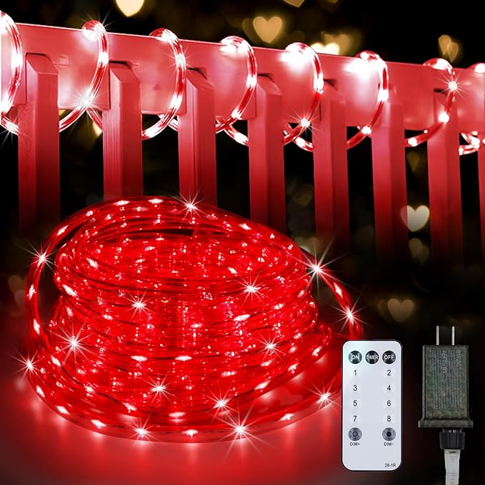 Red Rope Lights Outdoor, 50Ft 600 LED Valentine's Day String Light, Waterproof Tube Light Plug in 8 Modes Timer Memory, Halloween, Christmas Lights Outdoor Decorations for Tree Garden Party