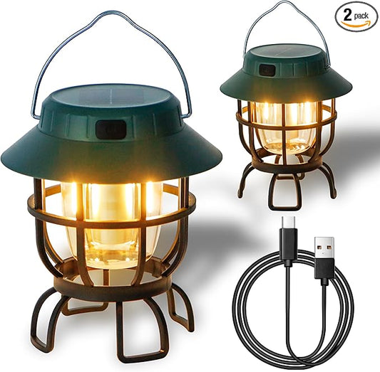 TRIROCKS Set of 2 LED Solar Camping Lantern Dimmable Rechargeable Lantern IPX3 Water-Resistant Portable Emergency Lights Outdoor Camping Lights for Camping Home Power Outage Hurricane Hiking (Green)