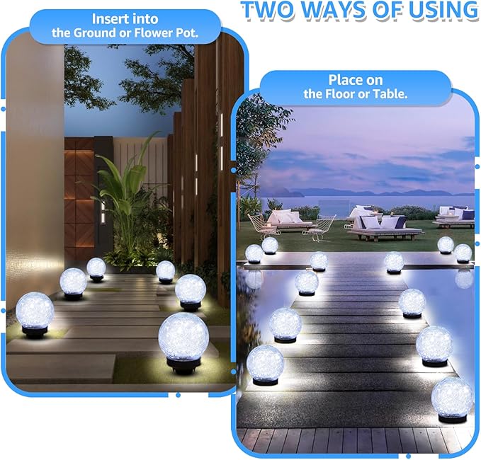 2-Pack Garden Solar Lights Outdoor, Cracked Glass Ball Light Waterproof, Decorative Solar Powered Globe Lighting Cool White for Yard Pathway