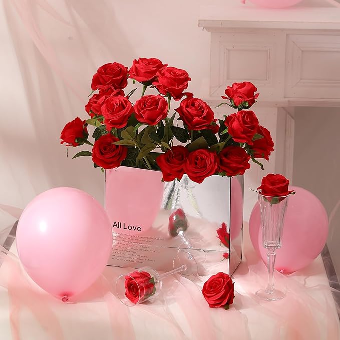 Hawesome 12PCS Artificial Silk Flowers Realistic Roses Bouquet Long Stem for Home Wedding Decoration Party A-Red -1