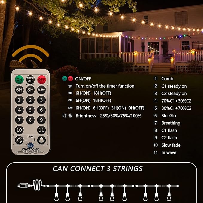 Voolex Outdoor String Lights 52FT Cold Light and Warm Light 2 Colors Changing Switch Waterproof 30V LED Bulbs Shatterproof with Remote Control for Party Patio Decoration Garden