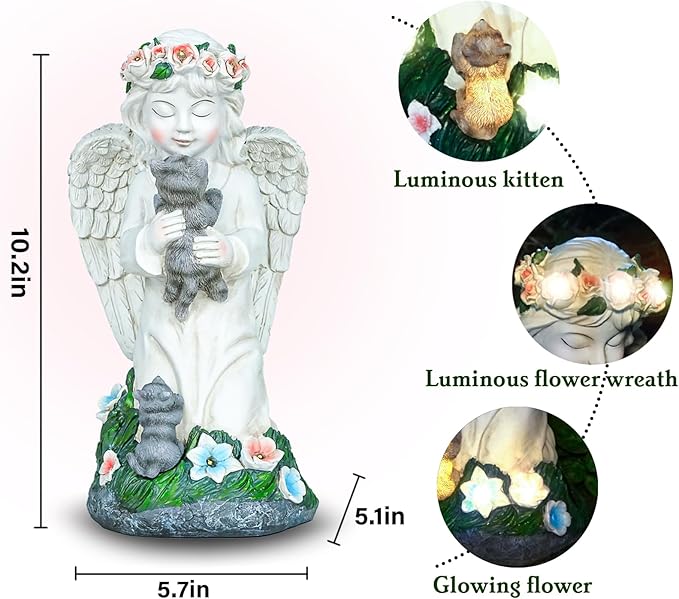 Angel Gifts for Women, Solor Statue for Garden, Angel and Cat Figurine with Lights, Outdoor Decorations for Yard Lawn Patio, Gifts for Mom Grandma Mother in Law Gardener Mother'Day