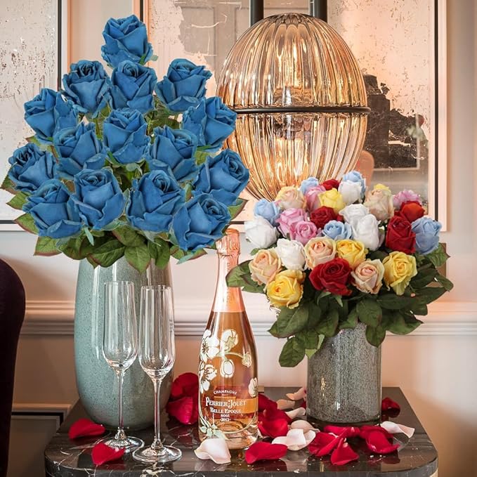 Artificial Realistic Roses Blue Flowers 24" Real Touch Silk Roses Bouquet Long Stems Rose Fake Roses Decor for Home Party Wedding Table Centerpieces Roses Realistic - 5 Pcs