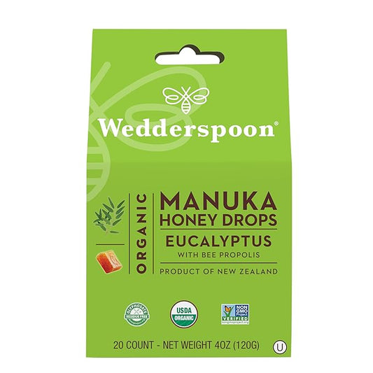 Wedderspoon Organic Manuka Honey Drops, Eucalyptus & Bee Propolis, 20 Count (4oz) (Pack of 1)| Genuine New Zealand Honey | Perfect Remedy For Dry Throats