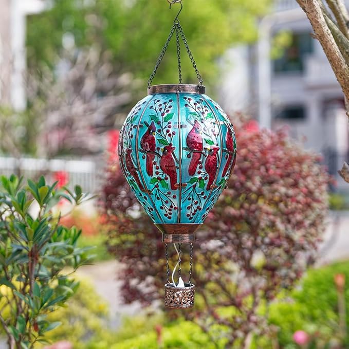 DREAMSOUL Cardinal Large Solar Hot Air Balloon Lantern with Flame, Glass Hanging Solar Lanterns Outdoor Waterproof for Garden Yard Patio Decor