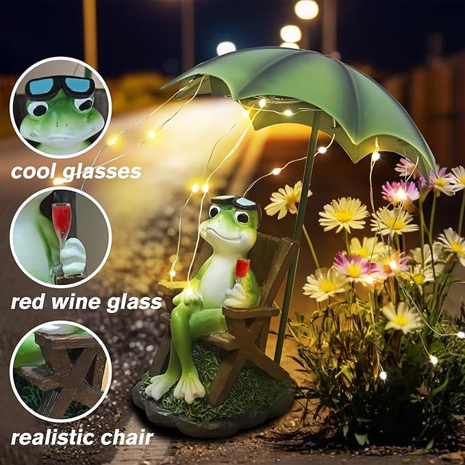 Solar Garden Frog Decor Statue Fairy Garden Accessories Outdoor Figurine LED Lights Art Housewarming Gift for Patio,Yard,Lawn Ornament Women Gardening Decoration Gifts