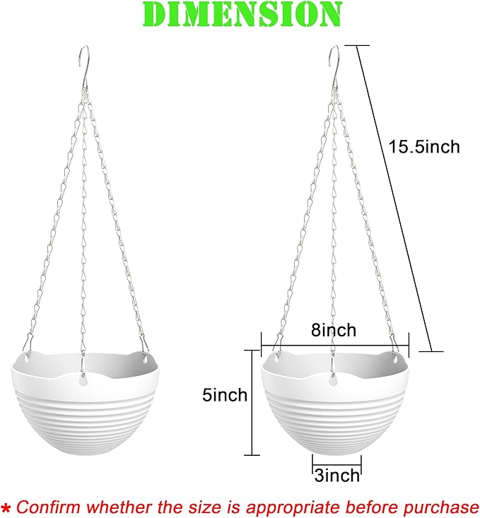 Hanging Planters, Set of 9 White Hanging Pots, 8" Hanging Flower Pots, Plant Pots with Drainage Plugs, Water Barrier and Chains, Come with Free Mini Garden Tools Set