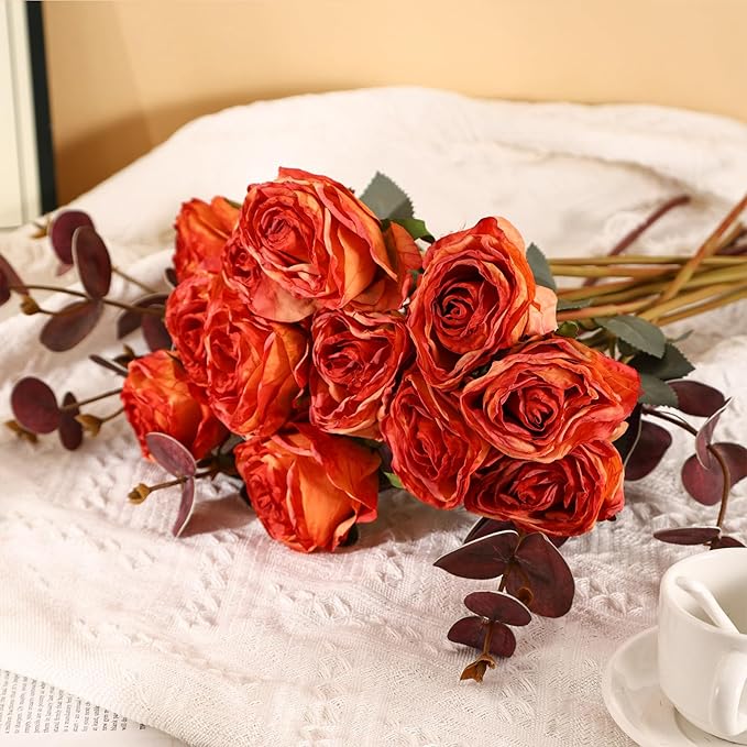 Kimura's Cabin 12pcs Lifelike Faux Silk Roses Flowers Vintage Artificial Rose with Stem Bouquet Fake Roses Dried Flower for Valentines Home Table Centerpiece Wedding Party DIY Decoration(Orange red)