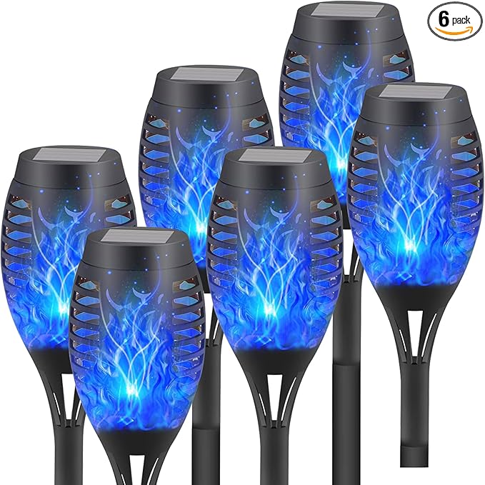 6-Pack Blue Solar Flickering Flame Torches – Waterproof Solar Garden Lights, Outdoor Solar Lights for Yards, and Flame Torches for Patio and Pathway Decorations