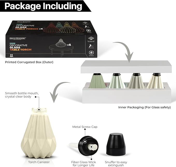 Deco Window Pack of 4 Table Torch for Indoor Outdoor Citronella Oil Tabletop Ceramic Lamp Landscape Multicolored Lantern with Fiberglass Wick & Cap for Garden Patio Yard Party Decor Light